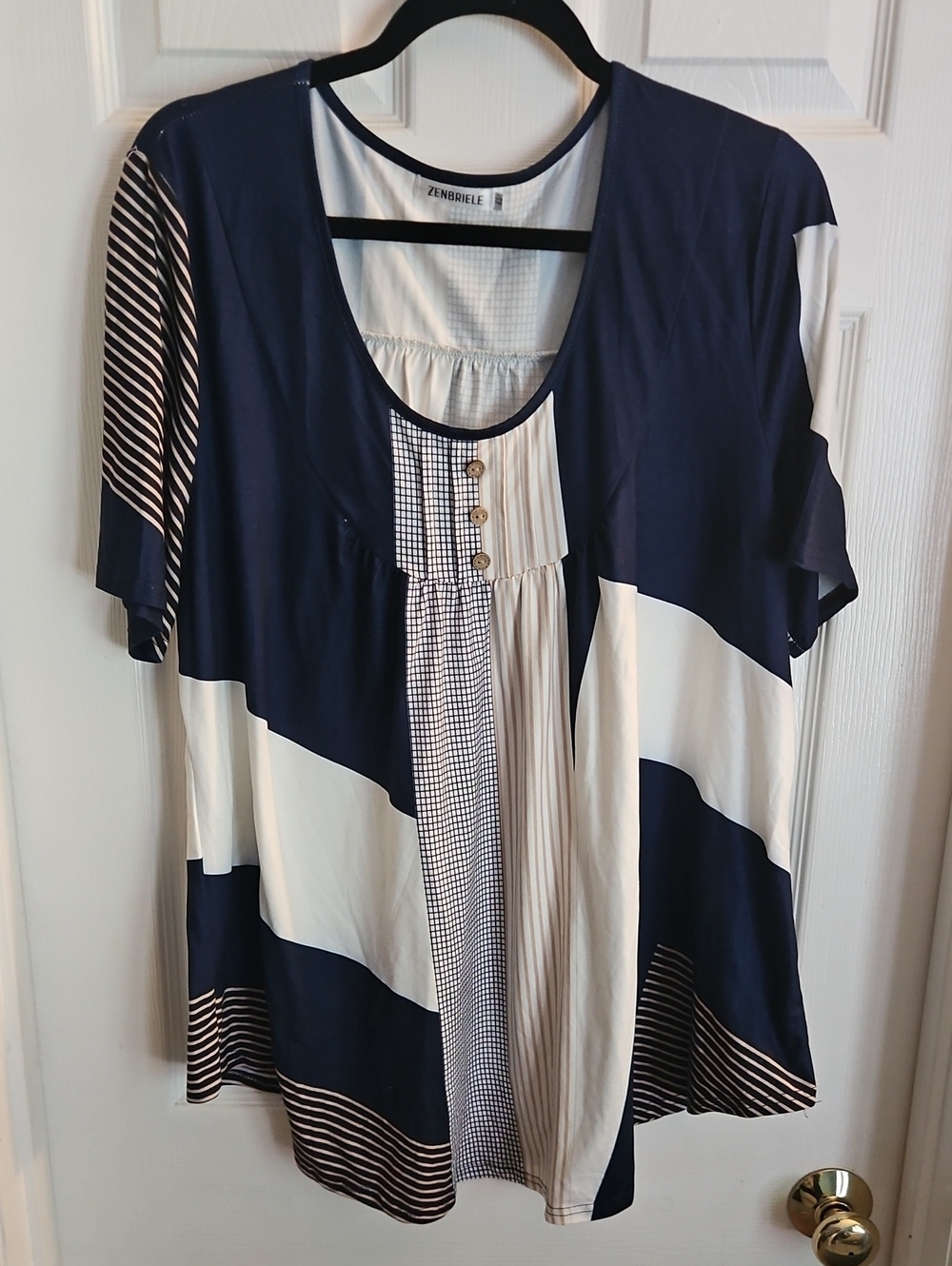 Zenbrielle Navy & White Mixed-Print Scoop Neck Tunic